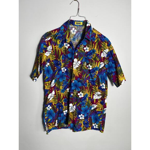 Vtg Hawaiian Shirt Sanit Size L 90s Colorful Cotton Hawaiian Button Down Shirt - Picture 1 of 8